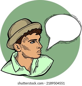 Man talking to you. Comic character, cartoon personage with speech bubble, thought cloud, speak balloon. quote background about life, relationship, advertising product. Hand drawn vector illustration.