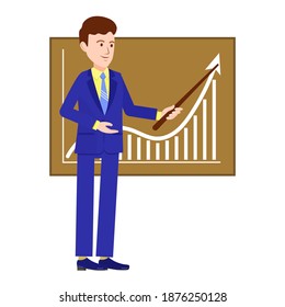 A man talks about growth trends. vector image of a person for animation. Editable strokes. A man with a pointer in his hand points to a growth chart. presentation of a business project.
