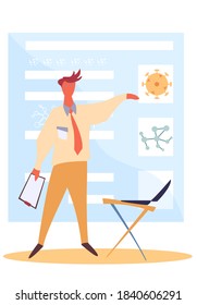 Man talks about the symptoms and spread of coronavirus. Businessman works with laptop. Quarantine during an epidemic. The guy works from home due to the covid-19 pandemic. Virus sign on poster