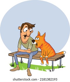A man talks to a cat sitting on a bench