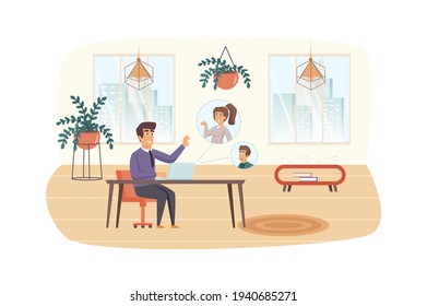 Man talks with colleagues on video conference from home office scene. Businessman communicate online with partners. Video calling work concept. Vector illustration of people characters in flat design