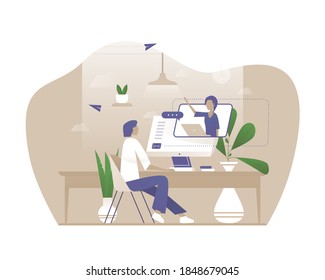 A man talks to a girl online in his computer. Vector illustration with Web communication idea for telework, remote working and freelancing concept