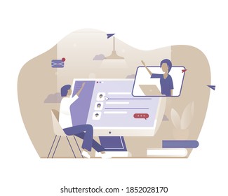 A man talks to a girl online in his computer. Vector illustration with Web communication idea for telework, remote working and freelancing concept