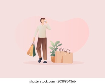 Man talks on the phone while holding a bag of merchandise. Flat design Illustration about shopping online and offline