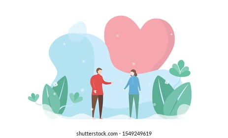 Man talks with woman among the field of park. Couple of love design for winter season. Vector illustration in flat style.