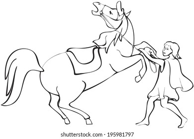 Man tames the horse - outline illustration