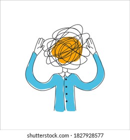 Man with tangled ball in his head. Concept of anxiety, panic attack, or disorder. Vector illustration