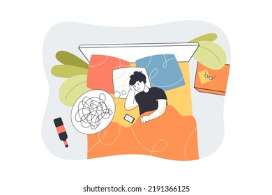 Man With Tangled Chaos In Thoughts Lying In Bed Without Sleep. Insomnia Of Sad Male Character At Night Flat Vector Illustration. Depression Concept For Banner, Website Design Or Landing Web Page