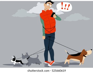 Man, Tangled In Multiple Dog Leashes, Texting For Help Of A Dog Walker, EPS 8 Vector Illustration