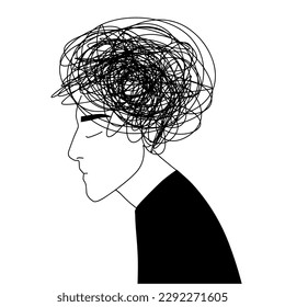 Man with tangled thoughts in his head, a man in doubght line vector minimalistic illustration