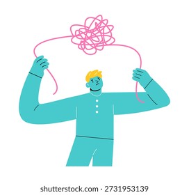 Man with tangled thread above. Mental health and psychological problems concept. Colorful vector illustration
