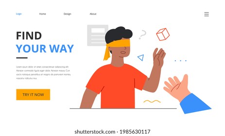 El hombre enreda el concepto psicológico con un hombre con los ojos vendados caminando por el camino de la vida. Buscando y encontrando el camino de la vida. Esbozar ilustración vectorial de dibujos animados planos de estilo mínimo. Metáfora abstracta