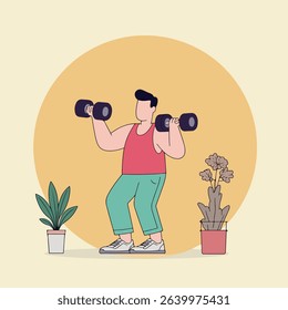 A man in a tank top and pants lifts dumbbells at home, with potted plants adding a touch of nature to his workout space.
