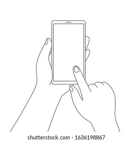 Man tap on smartphone screen with forefinger. Outline. Vector.