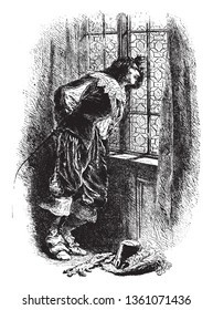 Um homem batendo no vidro da janela com os dedos, desenho de linha vintage ou ilustração de gravação