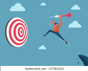 man target achievement or success and reaching for target and goal concept, businessman leader holding dart running from the top of the cliff and jump to bullseye target to win in business strategy