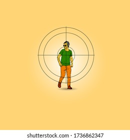 A man in a target cross-hair for the concept: Man in the line of fire. Vector illustration.