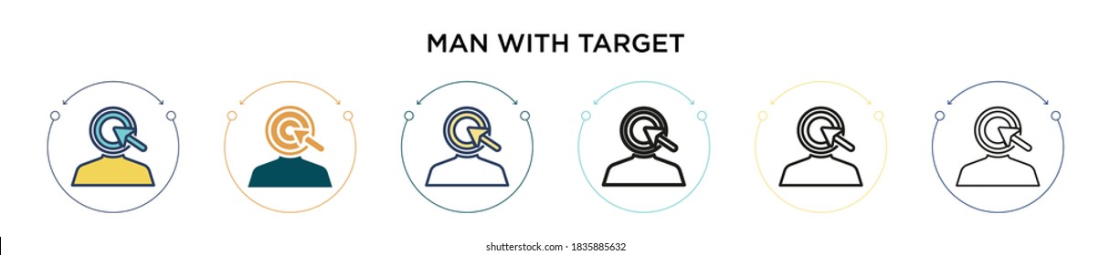 Man with target icon in filled, thin line, outline and stroke style. Vector illustration of two colored and black man with target vector icons designs can be used for mobile, ui, web