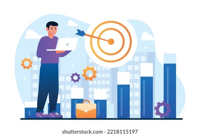 Hombre con el ataque. Un chico joven con laptop desarrolla publicidad. Metáfora de planificación y fijación de objetivos. Motivación y liderazgo, visión de metáfora futura. Dibujo vectorial plano de dibujos animados