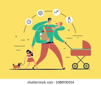 Man with task icons around head and several arms carries newborn child, stroller, bag with food, talks on phone and leads daughter walking dog on leash. Concept of single father. Vector illustration