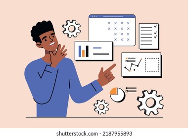 Man with tasks. Young guy evaluates effectiveness of his work. Entrepreneur or businessman looks at charts and graphs. Planning, scheduling and strategy, motivation. Cartoon flat vector illustration