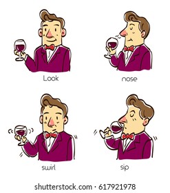 A man taste wine in four steps method, Cartoon vector illustration.