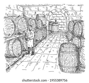 Man tastes wine in a cellar with wooden barrels. Vintage vector hatching monochrome illustration. Isolated on white background. Hand drawn design