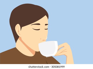 Man tasting beverage from cup in his hand with sip