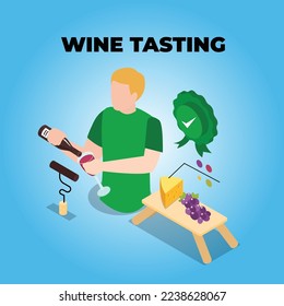 Man tasting wine isometric 3d vector illustration concept for banner, website, illustration, landing page, flyer, etc.