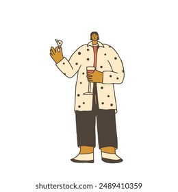 Man tasting wine. Person with cheese and wineglass. Cute character with alcohol beverage. Vector hand drawn illustration isolated on white background.