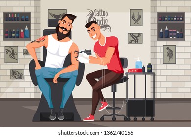 Man in tattoo studio flat vector illustration. Stylish hipster cartoon character. Young professional tattoo artist with machine and inks. Cool modern sketches hanging on brick wall