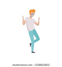 Man with Tattoos, Guy Having Tattoo on His Face and Arms Vector Illustration