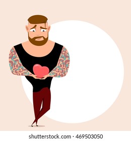 man with tattoos holding heart. Flat illustration. Vector