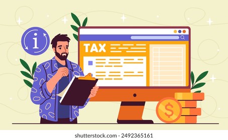 Man with tax. Young guy analyzes income and expenses. Financial literacy and accounting. Businessman or investor fills out tax return. Flat vector illustration isolated on yellow background