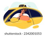 Man taxi driver smiles sitting behind wheel and looking out window of yellow car for transporting passengers. Guy got license to drive taxi recommends taking courses to train profession of driver