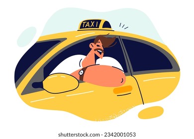 Man taxi driver smiles sitting behind wheel and looking out window of yellow car for transporting passengers. Guy got license to drive taxi recommends taking courses to train profession of driver