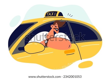 Man taxi driver smiles sitting behind wheel and looking out window of yellow car for transporting passengers. Guy got license to drive taxi recommends taking courses to train profession of driver