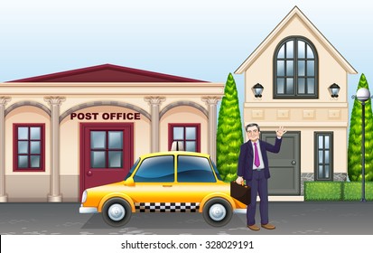 Man and taxi in front of post office illustration