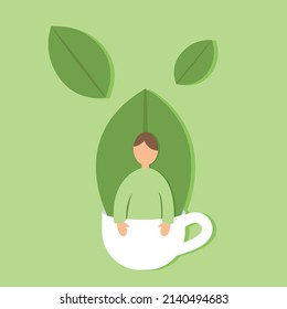 Man in Tea Cup and Tea Leaf  Tea Ceremony Concept Mug of Tea Isolated