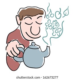 Man and tea kettle. Vector illustration.