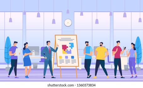 Man Teach how to Create Strong Team Composing Puzzle Pieces on Flip Board in Office. Employees Watching. Learning Process. Creation Successful Project. Team Working. Cartoon Flat Vector Illustration