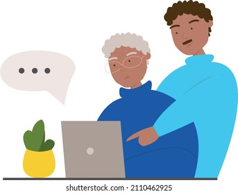 Man teach old woman to use laptop. Pensioner and modern technology 
