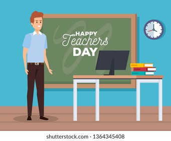 man teacher with blackboard and clock with computer