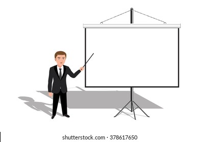 Man teacher or businessman presents a blank screen background.