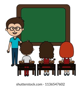 man teacher with chalkboard and students