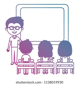 man teacher with chalkboard and students