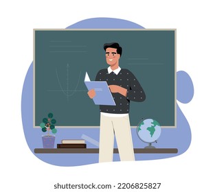 Man teacher at classroom. Guy standing with book in front of blackboard. Education, first of September. Poster or banner. Lecture at university or lesson at school. Cartoon flat vector illustration