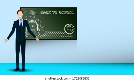 man, teacher in dark classic suit stands smiling, arms outstretched for friendly greeting with students. Joy of new meeting. Open gesture of friendliness and acceptance. Vector
