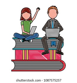 man teacher and girl reading a laptop sitting on a stack of textbooks