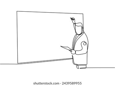 Man teacher giving a lesson in from of the class behind the blackboard. continuous line drawing of business presentation. Business trainer talking